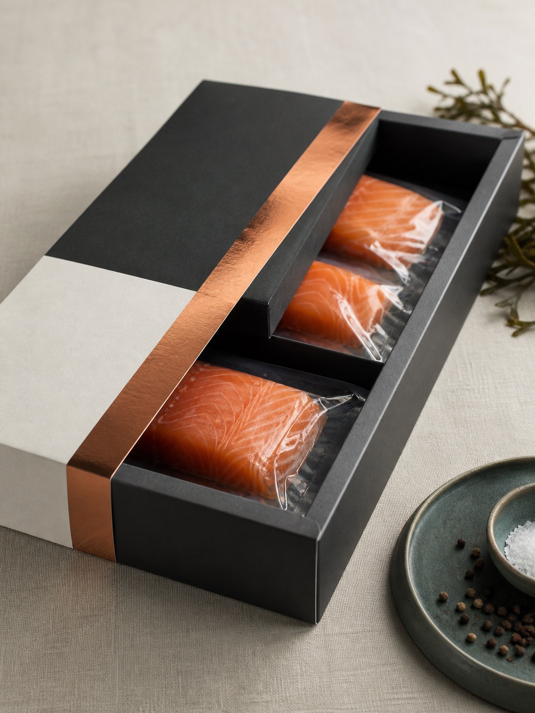 A whole side of original-reserve BC double-smoked salmon on dark slate.