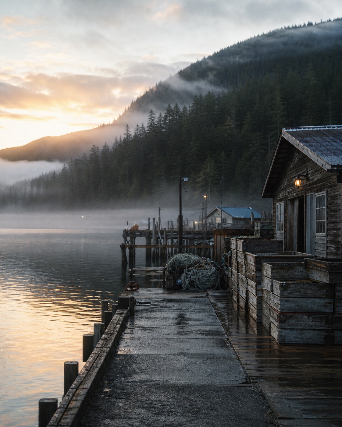 A British Columbia coastline at low tide, mist on the inlet and dark conifers stepping to the water.