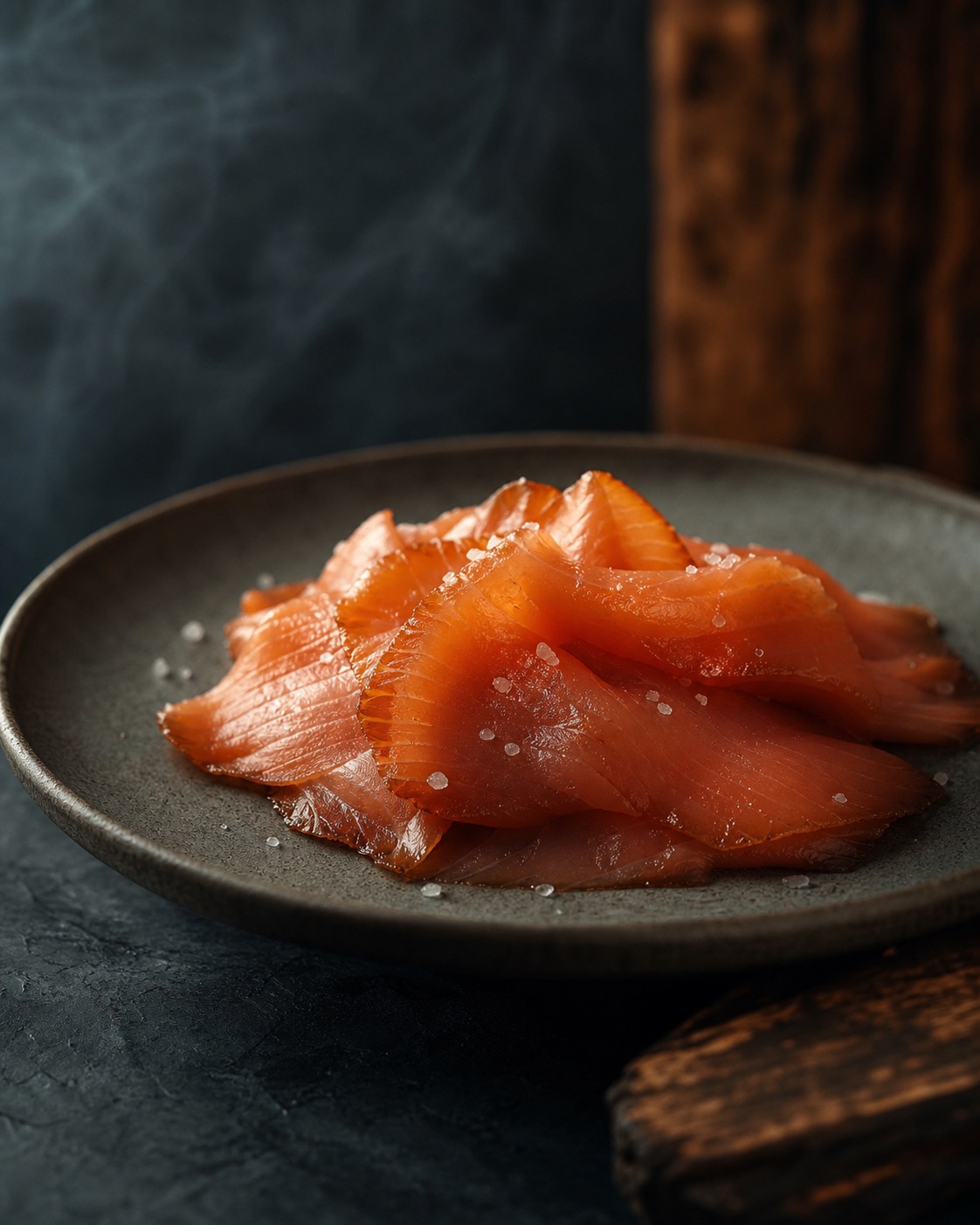 Hand-cut BC double-smoked salmon on parchment, side-lit to show the lacquered grain.