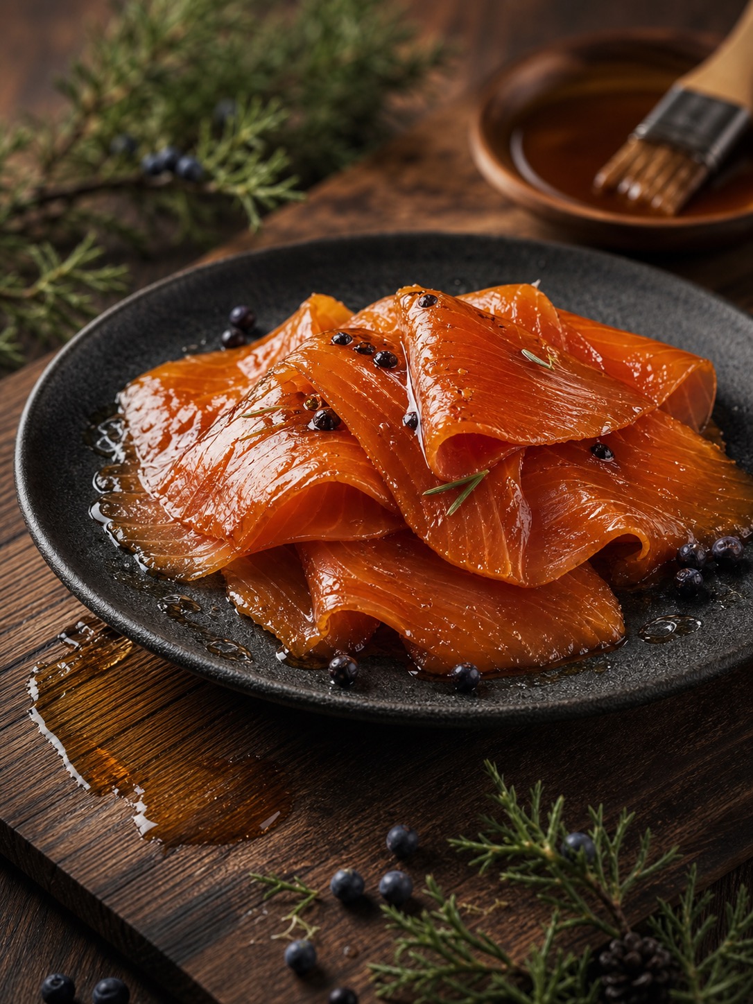 Glossy maple-and-juniper smoked salmon, dark amber across the top.