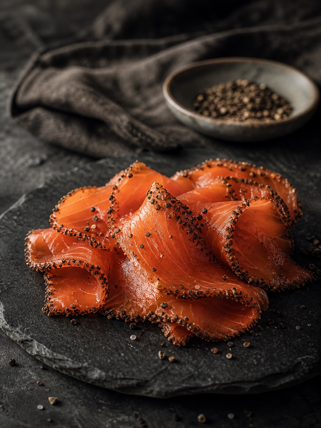 BC double-smoked salmon crusted with cracked black pepper.